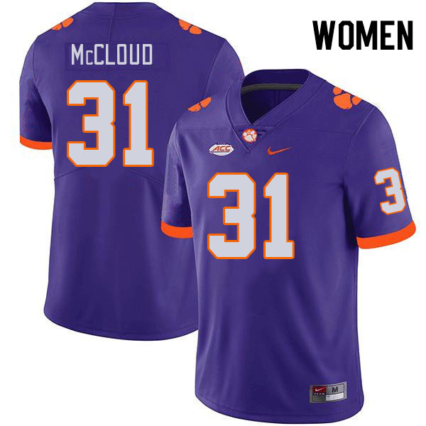 Women's Clemson Tigers Kobe McCloud #31 College Purple NCAA Authentic Football Stitched Jersey 23GN30ZC